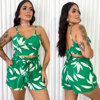 Conjunto Moda Feminina Top Cropped com bojo e de amarrar atrás + Short Moda verão com bolsos laterais Promoção