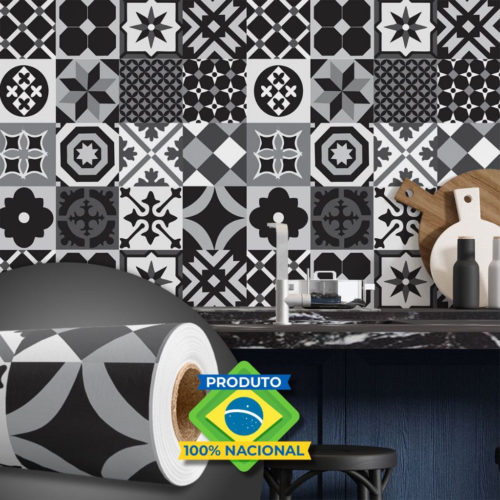 Rolo 3 Metros Papel de Parede Adesivo Azulejo Português Retrô Preto Cinza Cozinha Banheiro Lavável