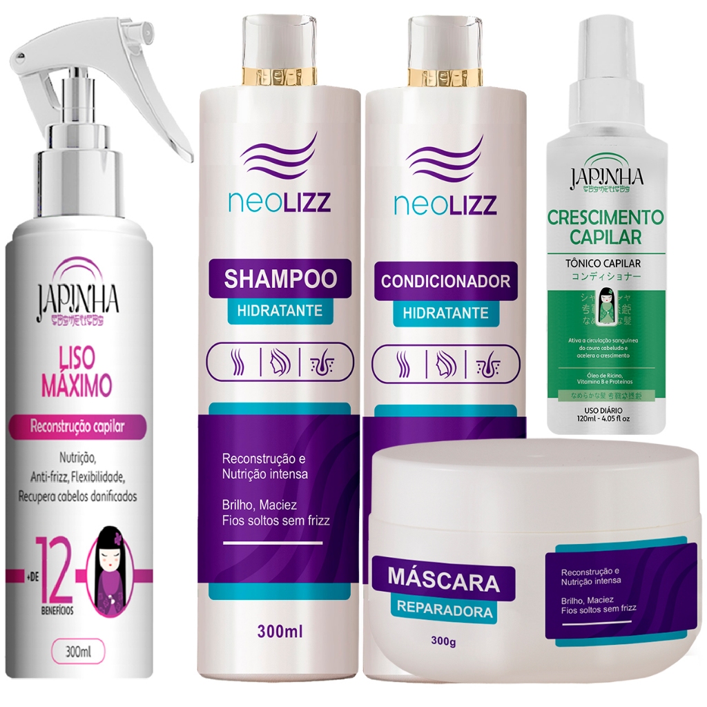 💜 Kit Tratamento Capilar | Shampoo + Condicionador + Protetor Térmico Liso + Máscara + Tônico Capilar