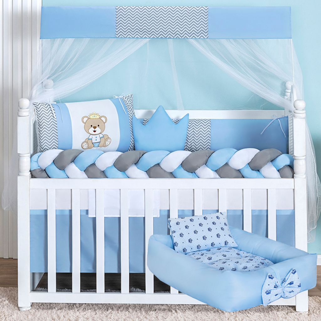 Kit Berço Ursinho Azul Bebe Americano Trança Completo Com Ninho Redutor Premium Cheio Pronto Pra Uso em Oferta na Shopee