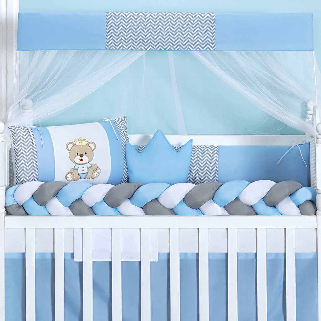 Kit Berço Ursinho Azul Bebe Americano Trança Completo Com Ninho Redutor Premium Cheio Pronto Pra Uso