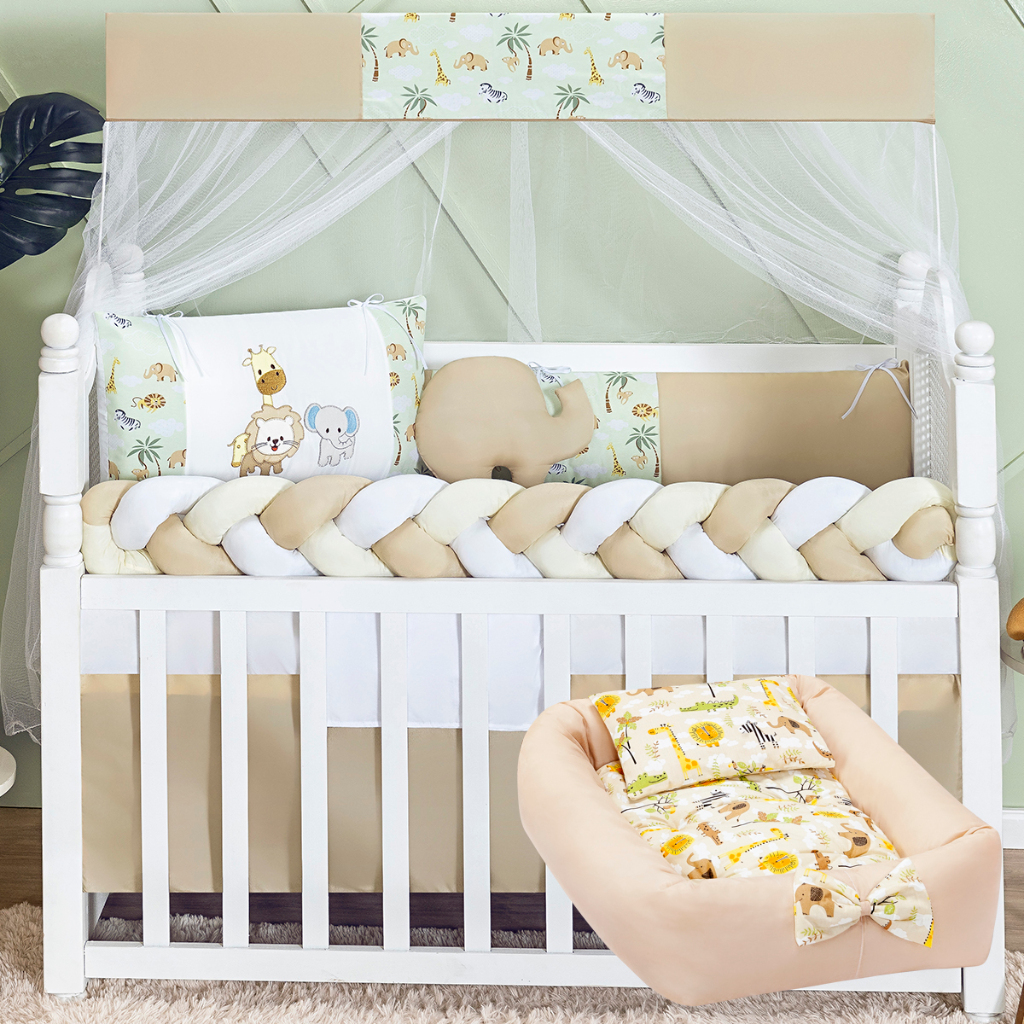 Kit Berço Trança Safari Verdinho Completo Com Ninho Redutor Mosquiterio e Lençol