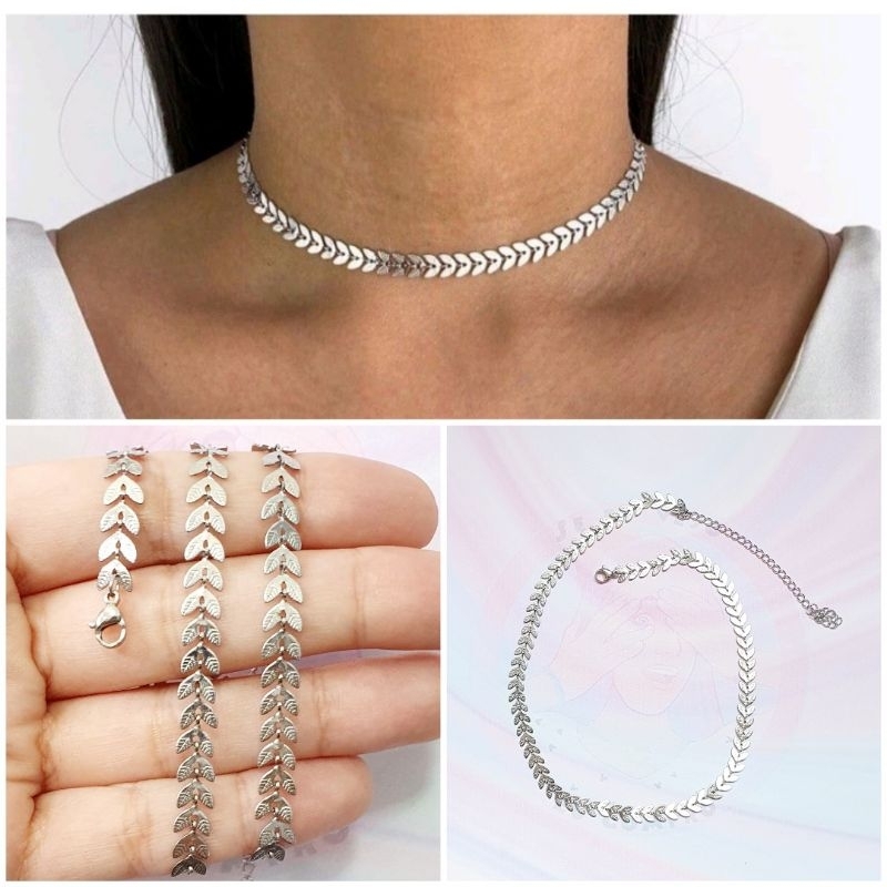 Colar Escama de Peixe aço inox cirúrgico gargantilha corrente feminina choker moda prata seta folha