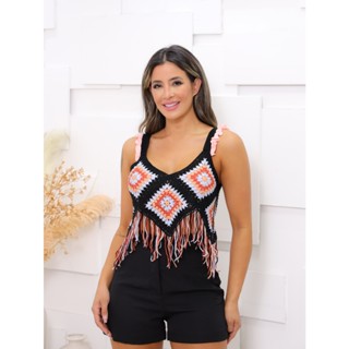Regata cropped croche alças babados e estampas quadrado irregulares 5830
