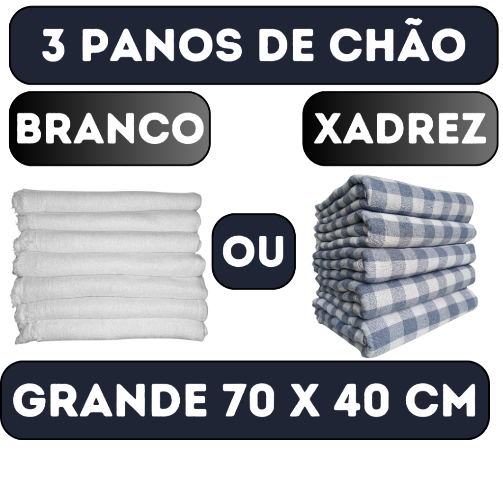 Kit c/ 3 Panos de Chão Grande 70x40cm - Saco Duplo Xadrez Azul Alvejado ou Branco Alvejado - Neves