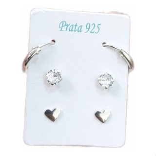 Kit Conjunto trio de Brincos Feminino em Prata 925 - 3 pares Argola Ponto de Luz Coração