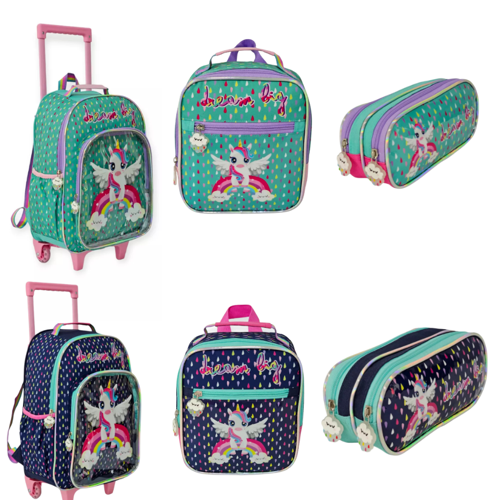 Kit Mochila De Unicórnio Escolar Com Lancheira Térmica E Estojo Duplo Para Menina