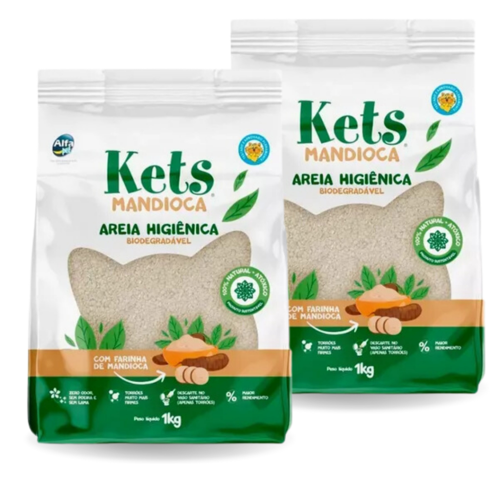 Kit 2x Areia Higiênica Biodegradável Kets Mandioca Gatos 1 kg