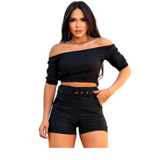 Conjunto Shorts Cintura alta+ Cropped com elastico Cinto Encapado Bengaline Verao
