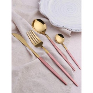 Jogo de Talheres Slim de Luxo Louça Inox Dourado com Rosa Utensílios de Cozinha Talher Kit...