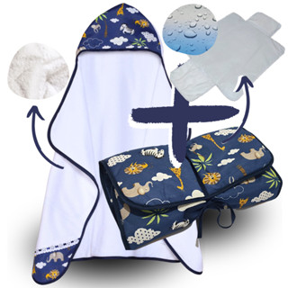 Kit Toalha de Banho para Bebe + Trocador Portatil Impermavel com 1 Bolso Tecido Estampado ...
