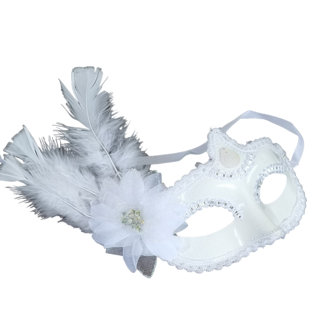 Máscara Carnaval com Pena - Branca Mascara Noiva Fantasia de Carnaval Festas Noivado