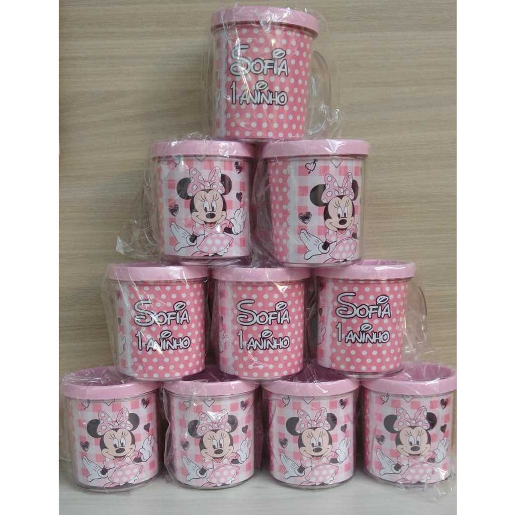 10 caneca acrílica personalizada para festa infantil lembrancinha MINNE Rosa