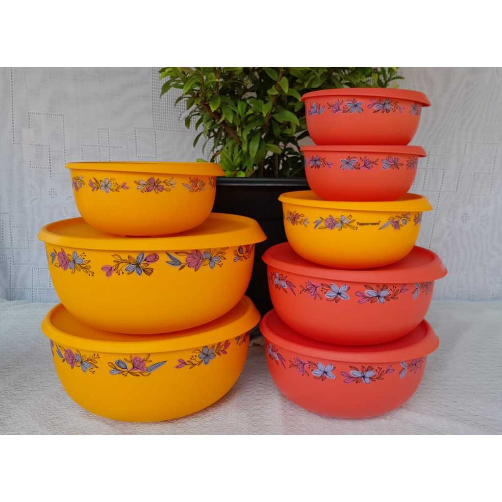 Tupperware BLOSSOM BOWL DECORATED TIGELA TOQUE MAGICO HIBISCUS 4,3L/ 2,5L 1,3L E 550ML COR ROSA E LARANJA