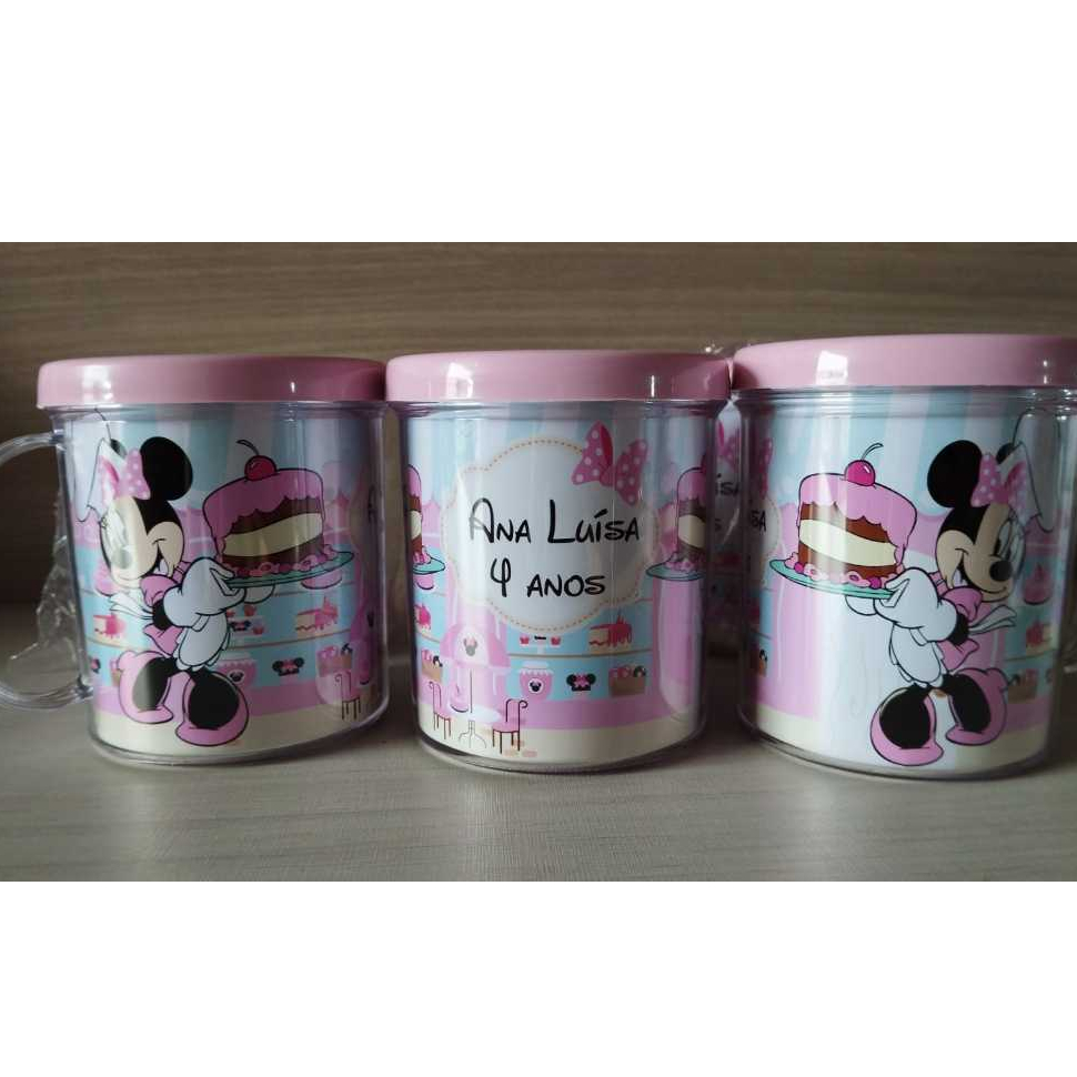 10 canecas acrílica personalizada para festa infantil lembrancinha Confeitaria da Minnie