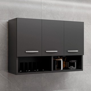 Armário Aéreo de Cozinha 3 Portas com Nicho 90cm Preto