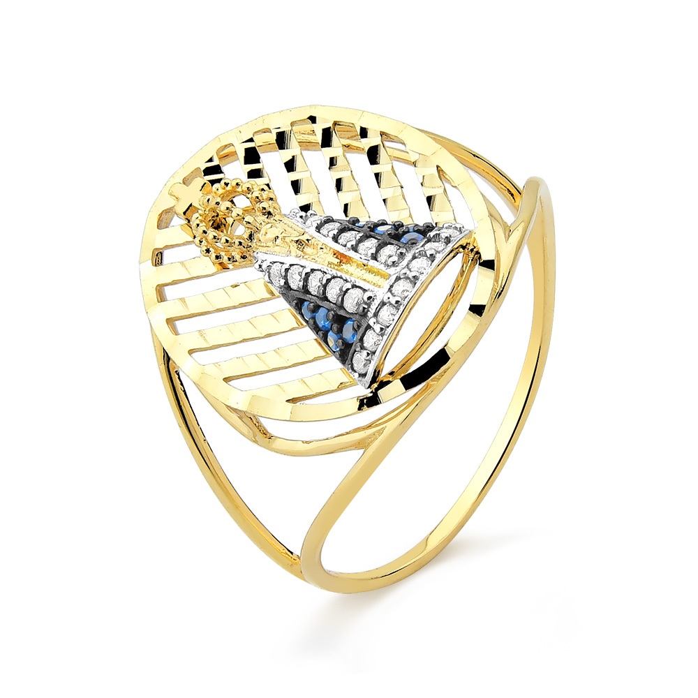Anel de Ouro 18k Nossa Senhora Aparecida com Manto Azul