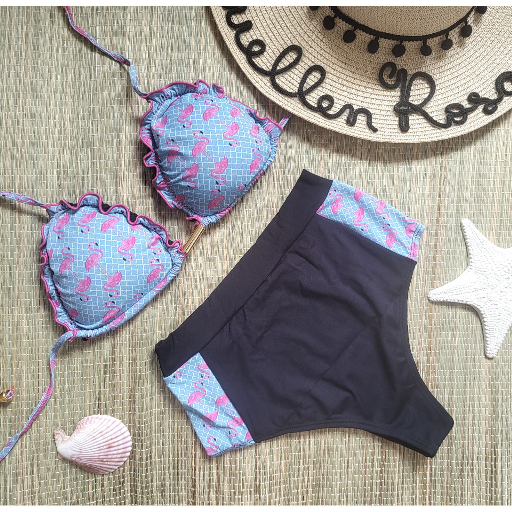 Biquíni Cintura Alta Cortininha Hotpants Riple com Bojo e Forro Flamingos Azul Quadriculado
