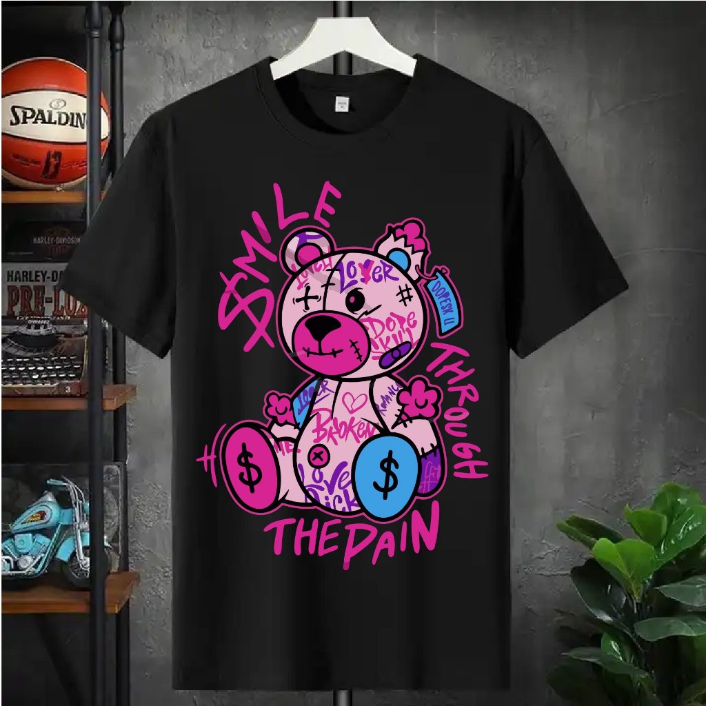 Camiseta Masculina Casual Algodão Adulto, Infantil e Plus Size Urso Smile em Oferta na Shopee