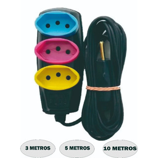 Extensão Elétrica 3 5 10 Metros Tripolar 3 Entradas Saídas 10A bivolt 110v/220v Cabo Paralelo Régua