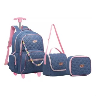 Kit Mochila De Rodinha Juvenil Feminino Escolar Em Jeans