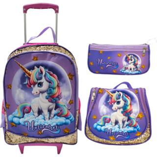 Kit Mochila de Carrinho Rodinhas Infantil Pré-Escolar e Creche -Feminina Menina - Princesas - Mochila - Lancheira -Porta Lápis