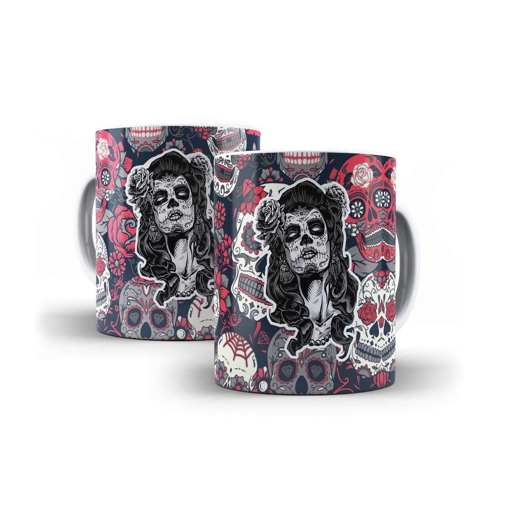 Caneca Porcelana Caveira Mexicana Decorada Mol.65 Cultura Mexicana - 1 Unidade 325ml + Caixinha
