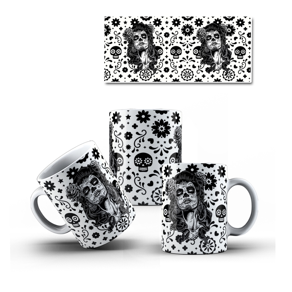 Caneca Porcelana Caveira Mexicana Decorada Todos os Modelos 0.2 Cultura Mexicana - 1 Unidade 325ml + Caixinha