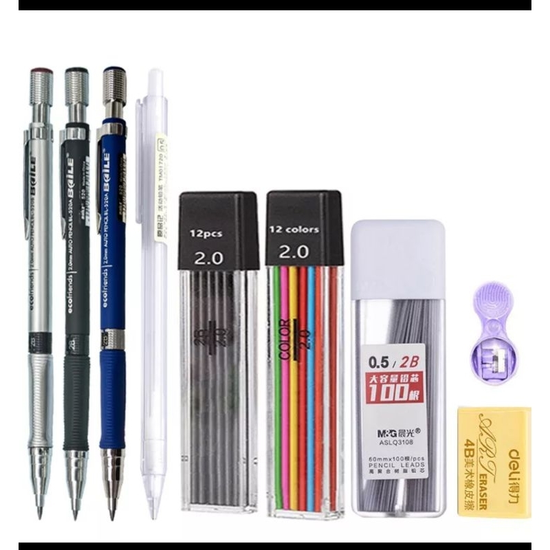 Lápis mecânico conjunto 2.0mm com 2b preto/cores chumbo reenchimento para escrever desenho da arte desenho pintura escola lápis automático