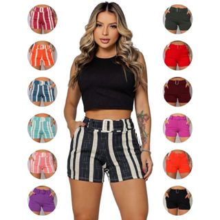 Shorts Feminino Cinto Fivela Bermuda Malha Crepe Bolso Shortinho Curto Social Cintura Alta Short Basico Elastano