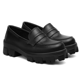 Mocassim Feminino Tratorado Preto Com Corrente Casual Bico Redondo Tendência Chunky Promoção