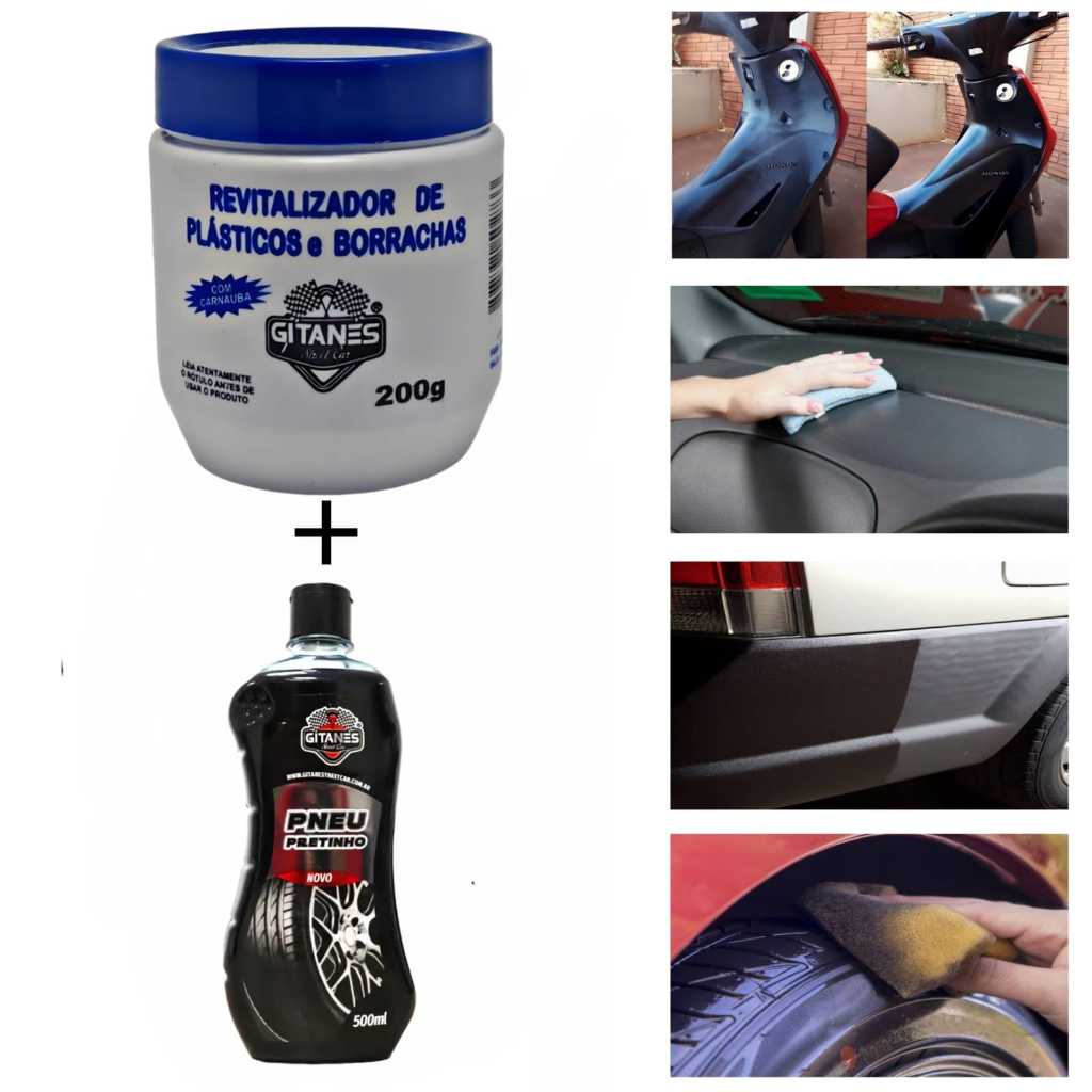kit revitalizador borracha plástico carro automotivo + pretinho limpa pneu
