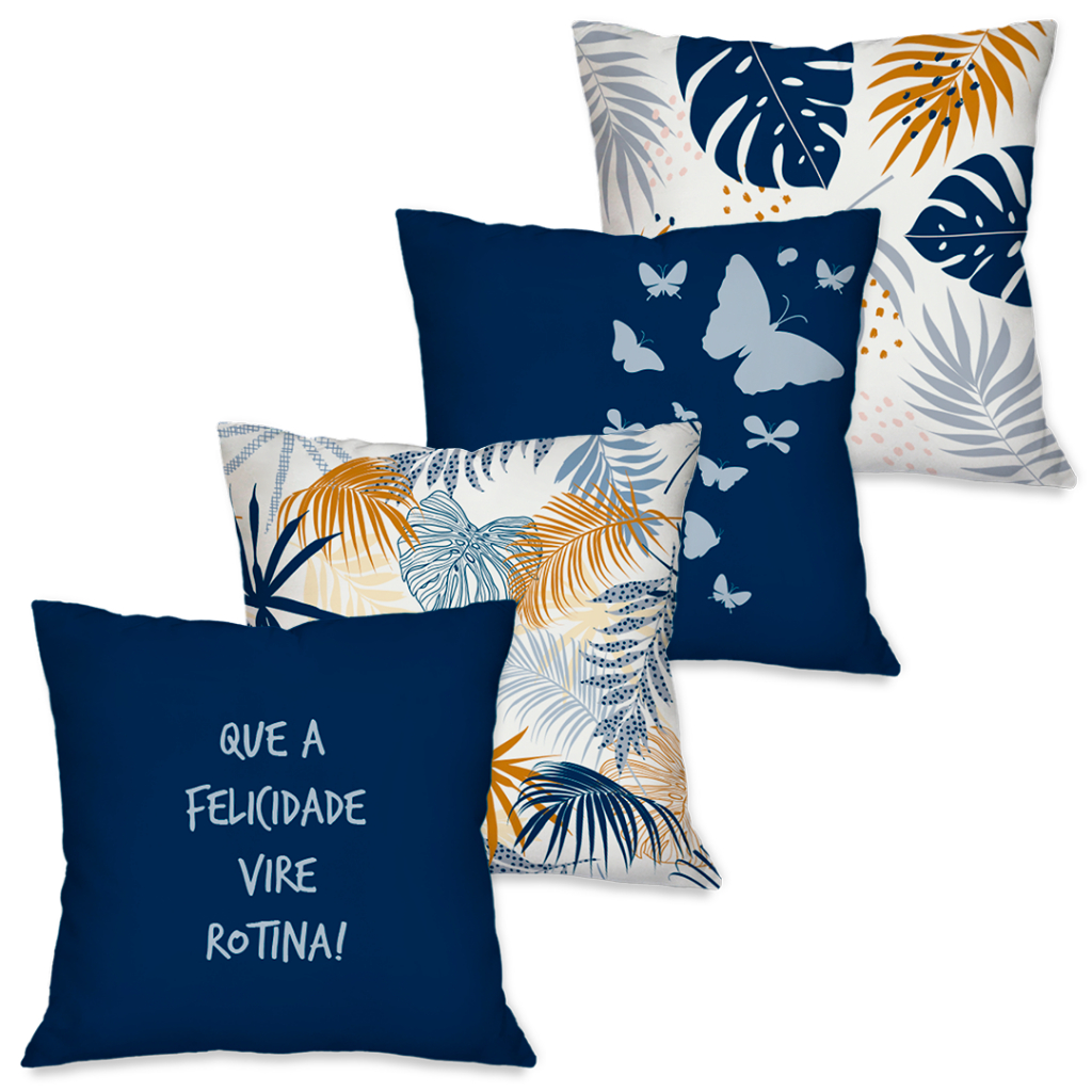 Jogo 04 Capas de Almofada Decorativas Felicidade 45x45 cm em Oferta na Shopee