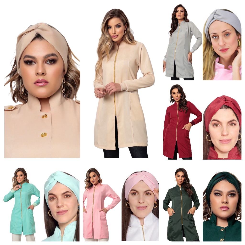 Jaleco Feminino Luxo Zíper Acinturado Gola Padre Nice+ Turbante Diversas Cores