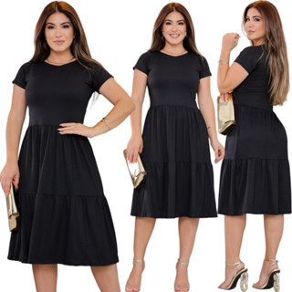 Vestido Três Marias Manga Curta em Malha Canelada Moda Feminina Evangélica Plus