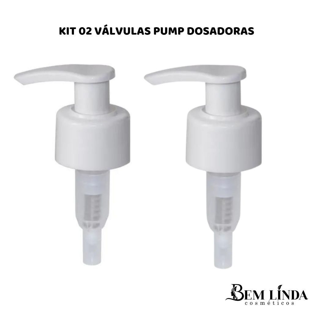Kit 02 Válvulas Pump Dosadoras Brancas Frascos 500/ 1000/ 1500 ml para Shampoo/Condicionador/Sabonete produtos capilares cachos profissionais tratamento reconstrução nutrição economia