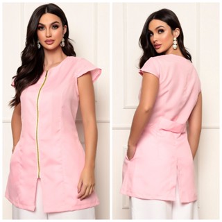 Jaleco Rosa Claro Feminino Manga Curta De Zíper Conforto LALA