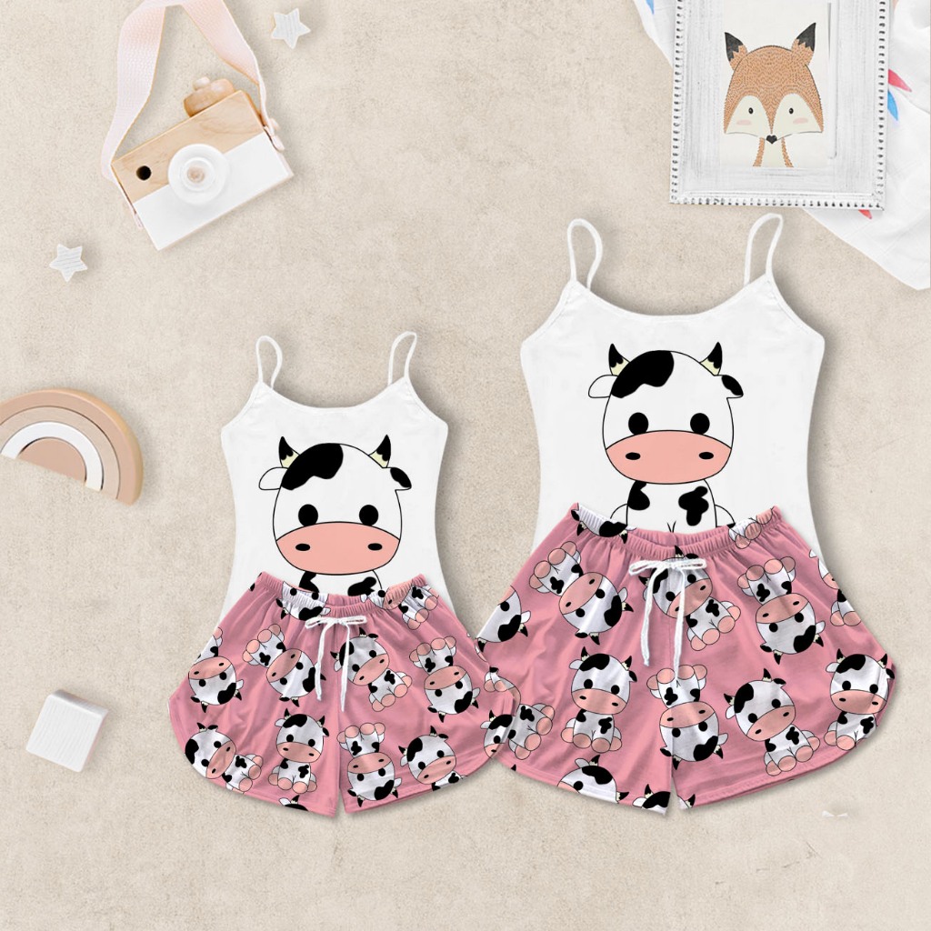 Conjunto Kit Tal Mãe e Filha Pijama Feminino Vaca Rosa