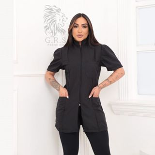 Jaleco Feminino Preto Manga Curta Acinturado Com Zíper Gola Padre Profissional Dentista Salão de Beleza Esteticista