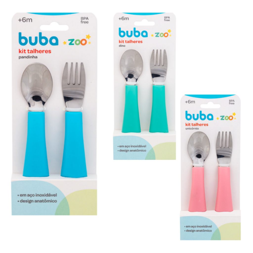 Kit Talheres infantis De Inox Buba - Garfo Colher Talher Infantil Aço Inoxidável Anatômico em Oferta na Shopee