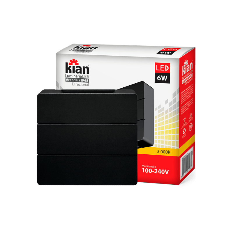 Arandela Led Direcional Preta Branca 6W 3.000K Branca Quente Bivolt Kian