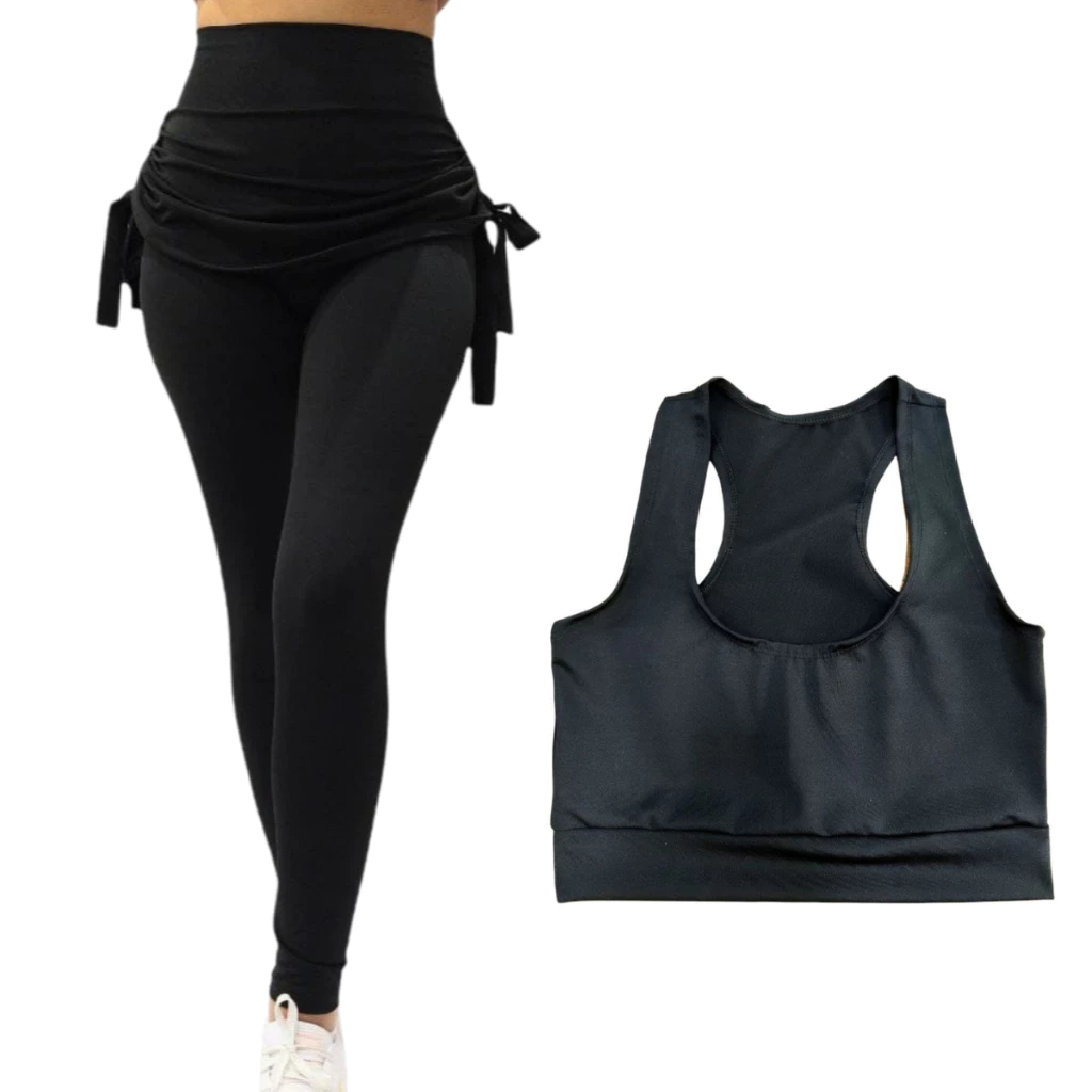 Calça Leg Com Saia Tapa Bumbum; Top Nadador Feminino Fitness ou Regata Cumprida Tapa Bumbum Para Academia — imagem 1