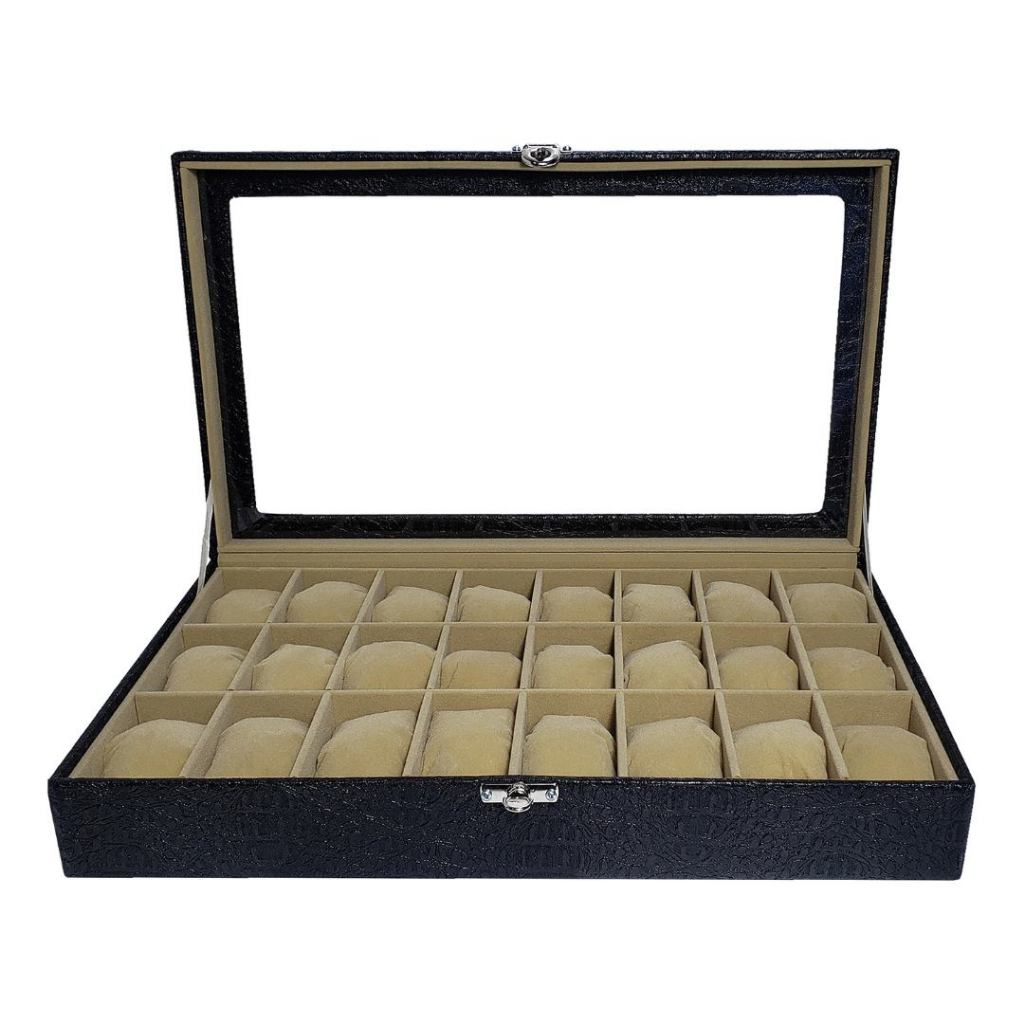 Organizador Para 24 relógios com Vidro Preto Interno Bege com Tampa de Vidro