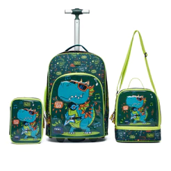 Mochila Infantil Rodinhas Menino Dino Rock Escolar Lancheira Estojo