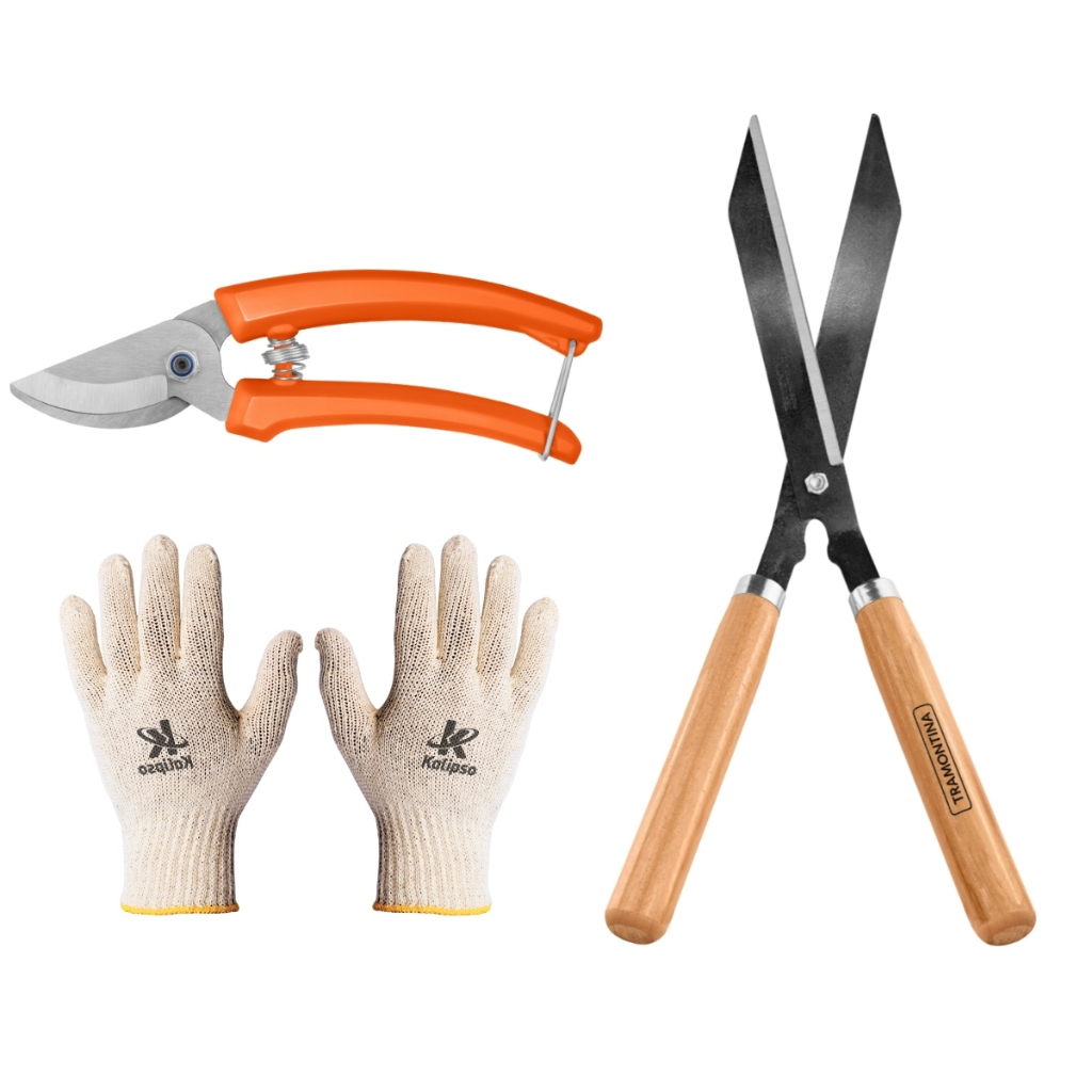 Kit Tesouras Afiadas para Jardinagem Tramontina (Tesoura de Grama e Tesoura de Poda) e Luva Multiuso