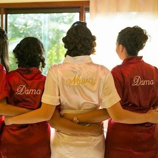 Robe de Cetim Manga Curta Feminino Bordado Padrão Noiva Madrinha Debutante Daminha Casamento Roupão Hobby Salão
