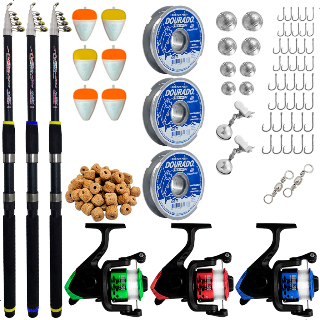 Kit De Pesca 3 Vara Telescópica 2,70M Com Molinete e Acessórios em Oferta na Shopee