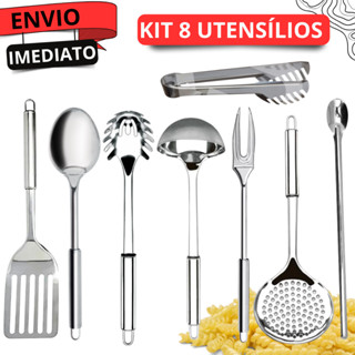 Kit 8 Utensílios 100% Inox Para Cozinha Concha Pegador de Massas Colher Garfo e Escumadeira Espátula De Alta Qualidade