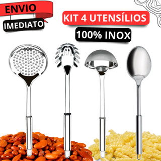 Kit 4 Utensílios 100% Inox Para Cozinha Concha Pegador de Massas Colher e Escumadeira De Alta Qualidade
