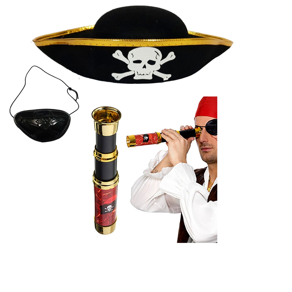 Pirata Infantil 3 Peças Chapéu Acessórios Luneta Tapa Olho Fantasia Festa